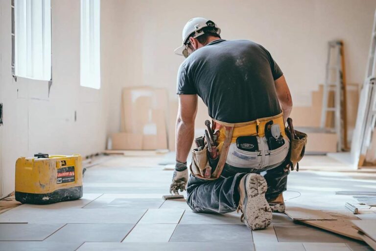 Workers install durable flooring in a busy commercial hallway beside rolls of material and organized tools.